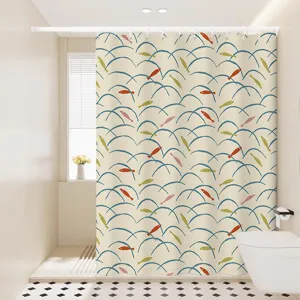 Cortina de ducha impermeable de estilo japonés con patrón de olas y peces para el baño.