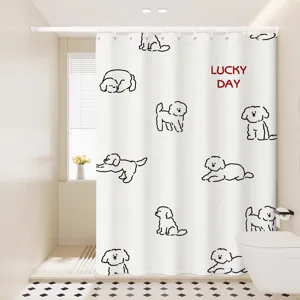 Waterproof Polyester Fabric Shower Curtain With Cute Cartoon Cat And Dog Print Diamond Grid Pattern For Bathroom Home Decor