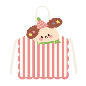 Joli tablier de cuisine pour chiot de dessin animé avec rayures roses et bords festonnés.