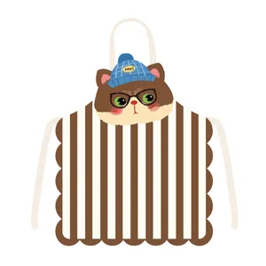 Joli tablier de cuisine fantaisie imprimé chat mignon et élégantes rayures marron.