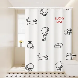 White shower curtain with cute cat pattern detail, waterproof fabric for bathroom decor.