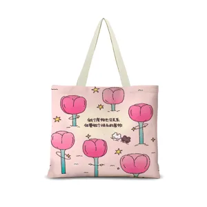 Sac cabas en toile rose avec imprimé tulipe mignon, sac à bandoulière décontracté pour femmes.