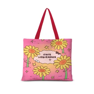 Sac cabas en toile rose avec imprimé tournesol et texte mignon, ideal pour étudiants et quotidien.