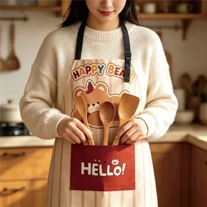 Cute cotton linen kitchen apron with pocket, bear print sleeveless cooking apron for home cooking.
