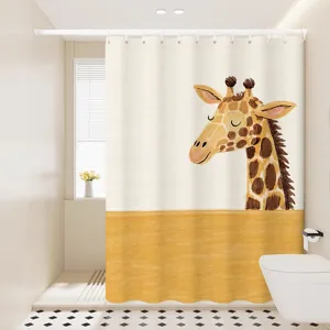 Cute cartoon giraffe shower curtain detail view, bathroom partition and waterproof hanging curtain.