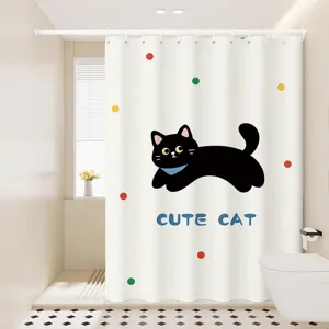 Waterproof shower curtain with cute black cat pattern, perfect for bathroom decor and partition.