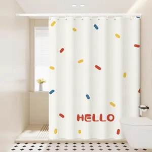 Waterproof shower curtain detail showing colorful sprinkles pattern and hello text print.