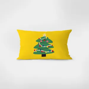 Vue détaillée du coussin rectangulaire jaune avec imprimé d'arbre de Noël pour canapé et bureau.