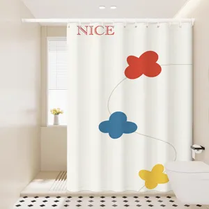 Modern minimalist shower curtain detail showing abstract colorful floral pattern and nice print.