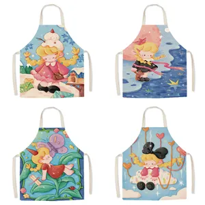 Cute Cartoon Girl Apron Cotton Linen Kitchen Cooking Baking Chef Bib Anti-Fouling Aprons For Women Kids