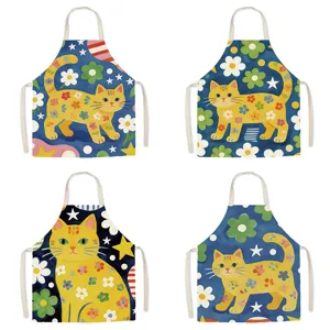 Cartoon Floral Cat Apron Cute Sleeveless Cotton Blend Cooking Kitchen Bib For Adults And Kids Family Working Apron