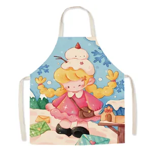 Cute winter girl illustration detail on cotton linen kitchen apron for cooking and baking.