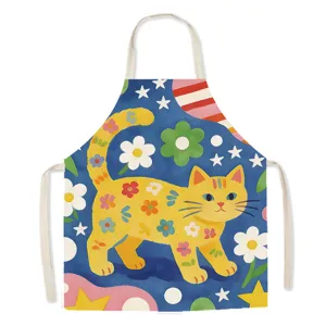 Cute cartoon floral cat linen apron for kitchen cooking, cute sleeveless chef work bib apron.