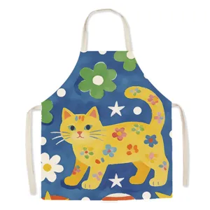 Detail view of cute cartoon cat floral cotton linen apron, sweet style cooking coverall