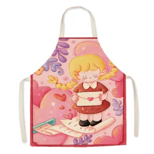 Close-up detail of the cute cartoon girl print, featuring fine cotton-linen fabric texture.