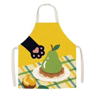 Cute cartoon cat pear pattern kitchen apron sleeveless cotton linen cooking anti-fouling smock