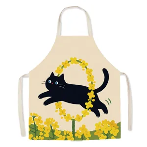 Cute black cat rapeseed flower print cotton linen sleeveless apron for kitchen cooking and baking.