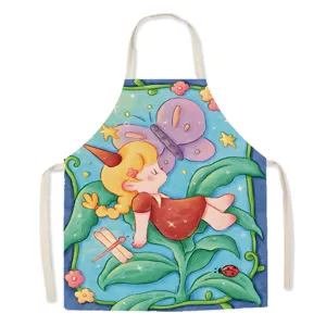 Cute cartoon girl cotton linen apron for kitchen cooking baking household work bib.