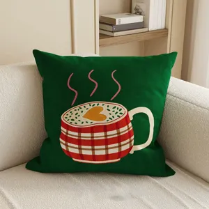 Nordischer Stil gruener Kaffeetasse Druck Pluesch Sofa Kissenbezug Detailaufnahme.