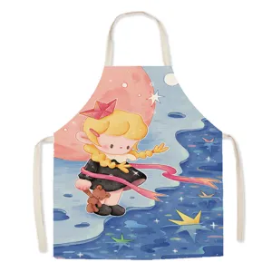 Cotton linen kitchen apron with cute cartoon girl illustration, ideal for cooking and baking.