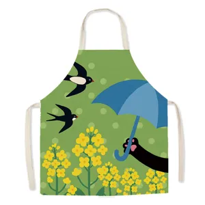 Cute cartoon cat and rapeseed flower print kitchen apron detail, canvas cooking bib.
