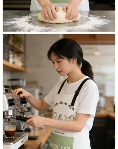 Cotton linen cute cat print kitchen apron with pocket, comfortable cooking sleeveless design.