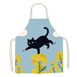 Cute black cat and rapeseed flower print cotton linen kitchen cooking apron product detail view.