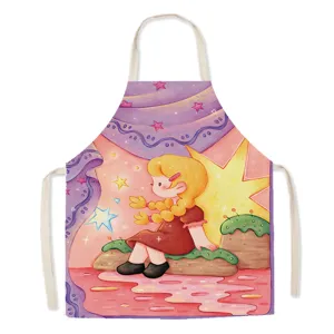Close-up of cute cartoon girl print linen apron, perfect for kitchen cooking and baking use.