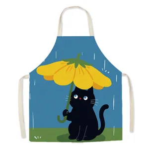 Cute black cat yellow flower umbrella print kitchen apron fabric cooking smock unisex design