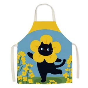 Cute black cat print apron detail, ideal for kitchen cooking and painting studio use.