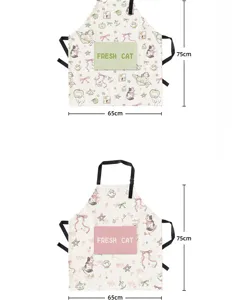 Cute cat print cotton linen kitchen apron with pocket, 65x75cm cooking bib for baking.