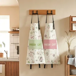 Cartoon Cat Print Kitchen Apron Waterproof Adjustable Bib Apron With Pockets Cooking Housework Apron For Women Adults