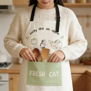 Cute cat and apple print cotton linen kitchen cooking apron with convenient pocket.