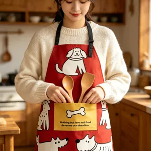 Cartoon dog printed red kitchen apron with large yellow pocket, waterproof, durable, for cooking.