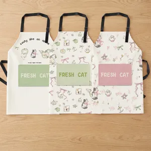 Cute cat apple pattern kitchen apron with pockets cotton linen sleeveless cooking bib for home use