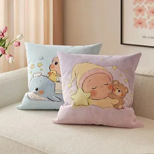 Cute cartoon plush throw pillow soft sleeping baby cushion cover for cozy sofa home decor.