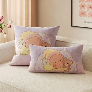 Purple velvet throw pillow set with cute sleeping baby and star cartoon design for sofa nap.