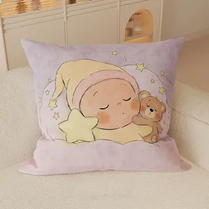 Cute cartoon sleeping baby and bear pattern throw pillow detail, soft velvet cushion cover.