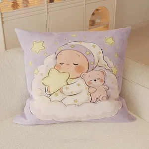 Detail view of the cute cartoon star sleeping baby cushion, soft fabric for home sofa and office.