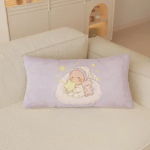 Detailed view of the cute purple cartoon throw pillow with sleeping baby and star print on sofa.