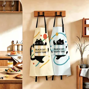 Grembiule Da Cucina Carino Gatto Nero Cartone Animato Impermeabile Olio Poliestere Con Tasca Cinturino Regolabile Bavaglino Da Cucina Per Donne Uomini