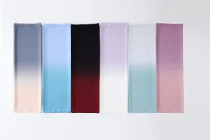 Six gradient chiffon scarves in various color options lined up on a white background.