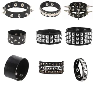 Bracciale in Pelle PU con Borchie Punk Per Uomo Donna Gotico Street Rock Studded Bangle Nightclub Assortito Regolabile Gioielli