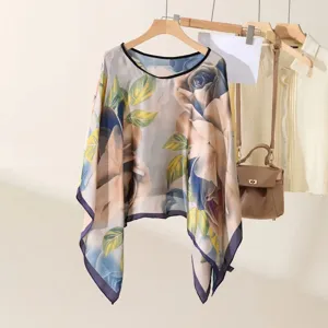 Eleganter Retro-Satin-Viereckschal mit Blumendruck für stilvollen Sonnenschutz und Mode-Look