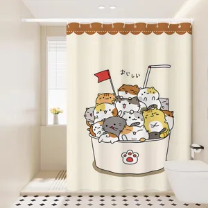 Waterproof shower curtain with cute cats design, thick fabric bathroom partition curtain for home.