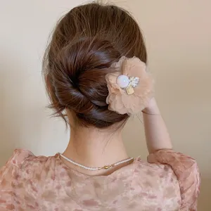 Mesh flower pearl hair pin sweet bun accessory for women elegant hair styling tool chic style