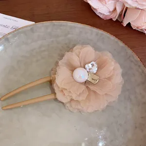 Mesh flower hair stick detail, featuring a elegant pearl and heart rhinestone for sweet styling.