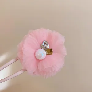 Pink mesh flower hairpin with rhinestone and pearl, sweet style hair stick for women.