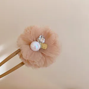 Mesh flower hair stick with heart crystal pearl, sweet bun hair accessory for spring fresh look.