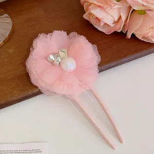 Pink mesh flower hair fork with heart rhinestone and pearl, sweet style hair accessory detail.